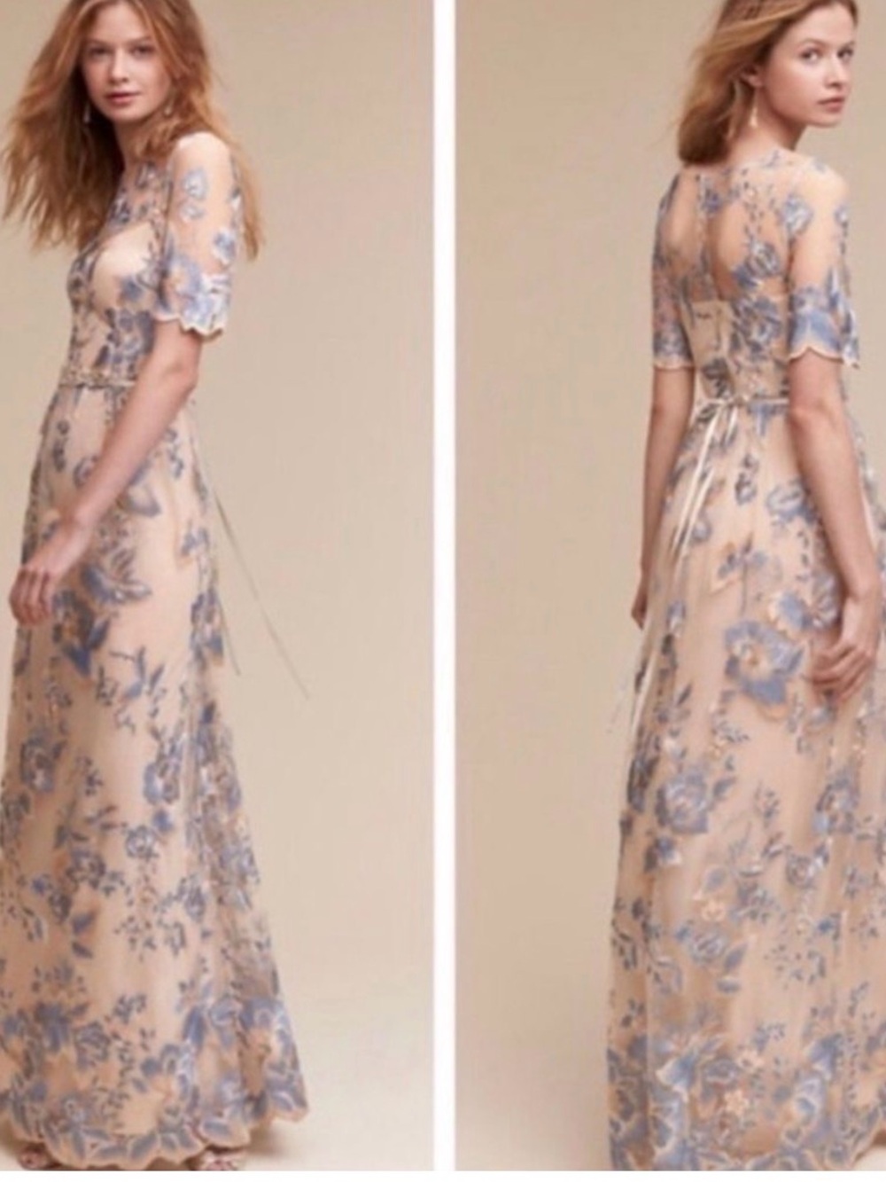 Adrianna Papell Blush Maxi Dress with Silver-Blue Floral Embroidery